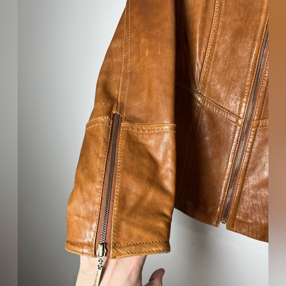 Vintage Anne Klein Longer Line Camel Faux Belted Leather Jacket Sz M - Picture 4 of 15